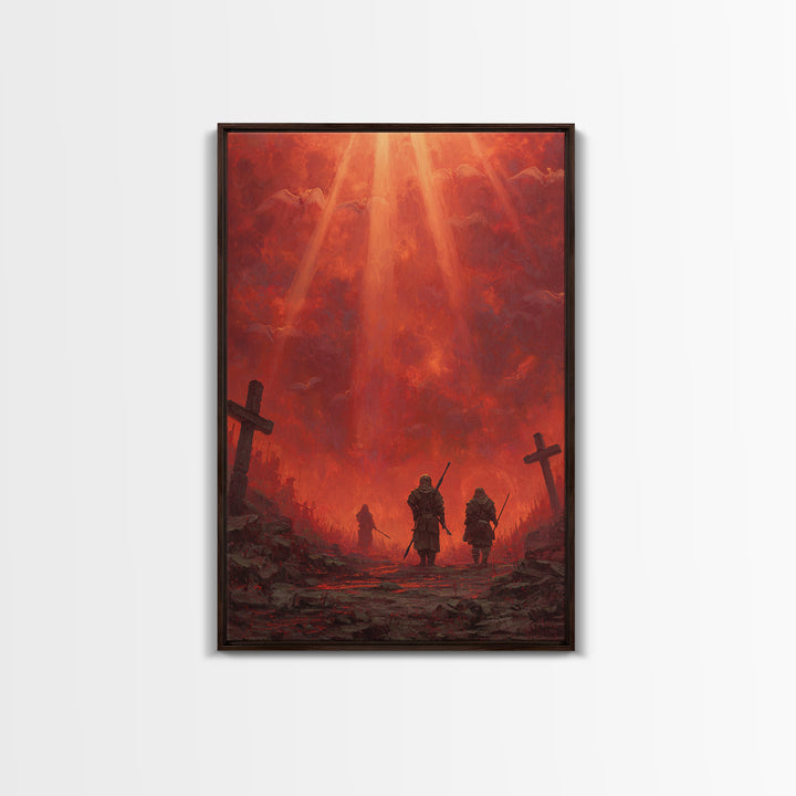 Fiery Red Apocalypse Scene With Warriors And Crosses Dramatic Fantasy Art Canvas Print Perfect Statement Wall Art For Home Decor