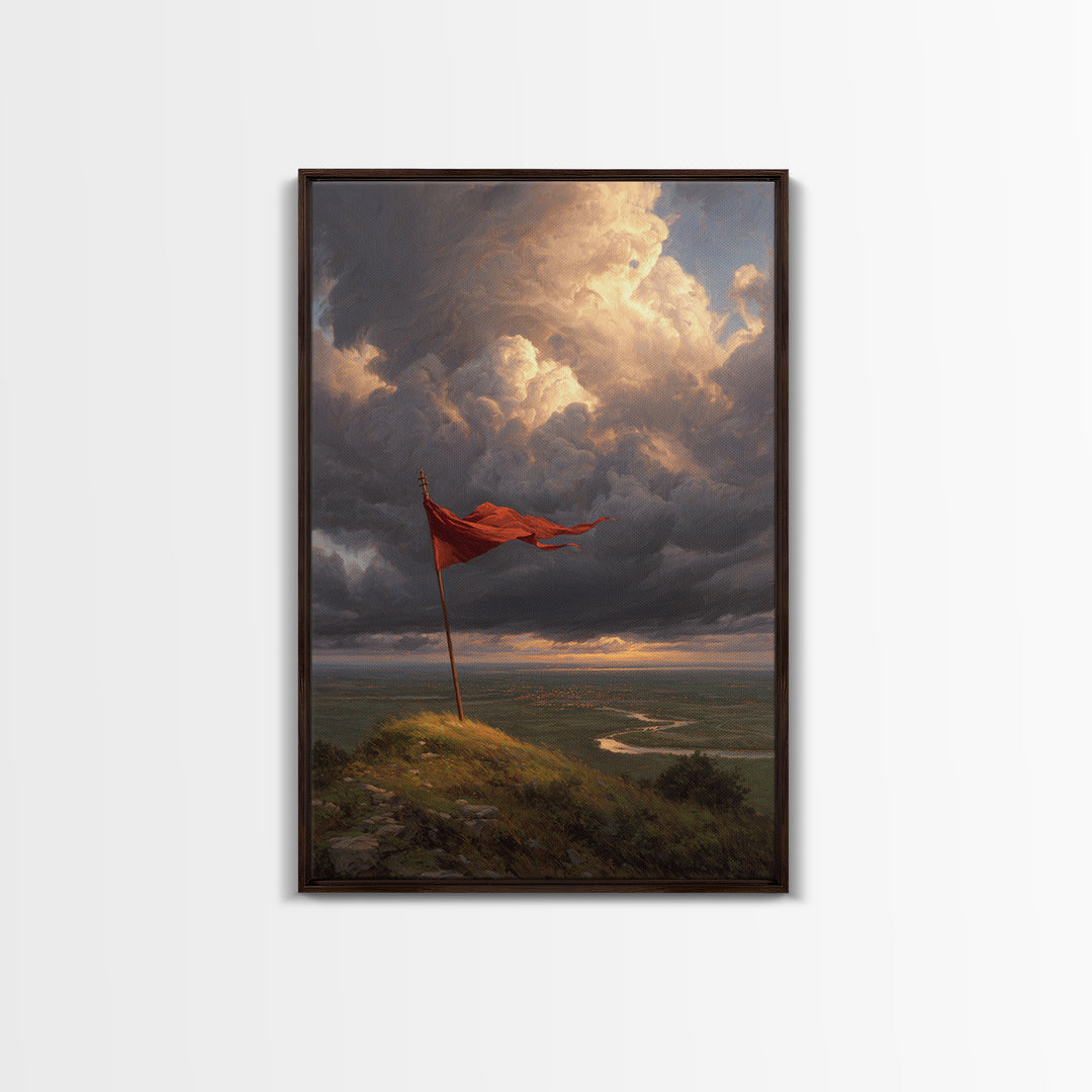 Majestic Flag On Hill Stormy Sky Landscape Painting Wall Art Rustic Home Decor Canvas Print For Living Room And Office