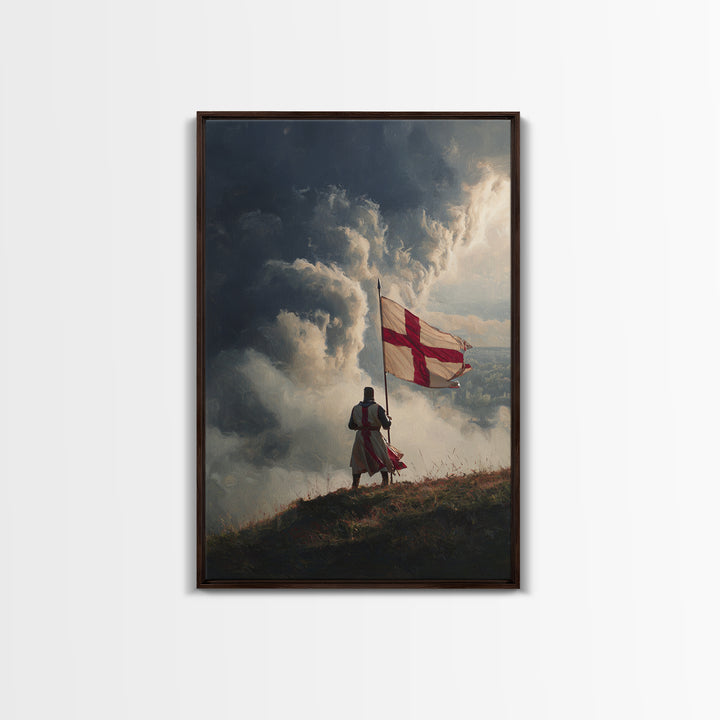 Epic Angelic Warrior In Golden Armor Holding Sword Against Stormy Sky Dramatic Religious Wall Art Framed Canvas Print