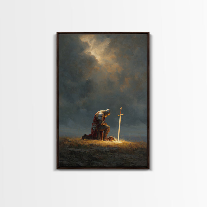 Knight Kneeling Beside Sword With Stormy Sky Dramatic Medieval Armor Wall Art Canvas Print For Office Decor