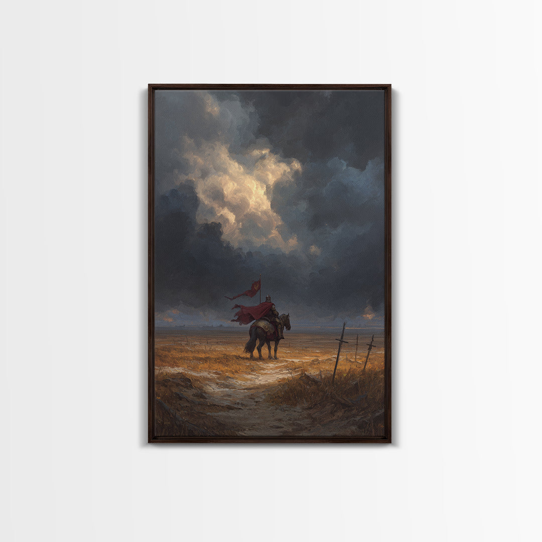 Medieval Knight On Horse With Red Cape Overcast Sky Canvas Print Original Wall Art For Office And Home