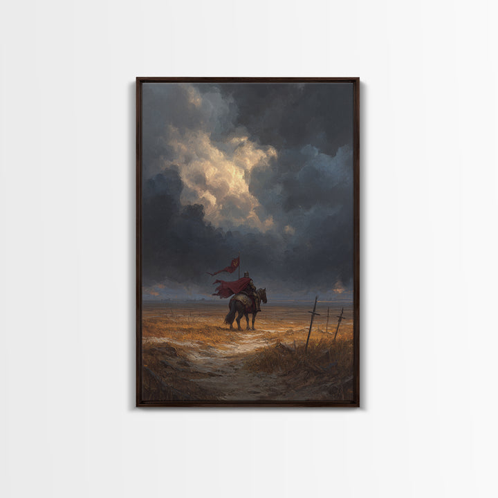 Medieval Knight On Horse With Red Cape Overcast Sky Canvas Print Original Wall Art For Office And Home