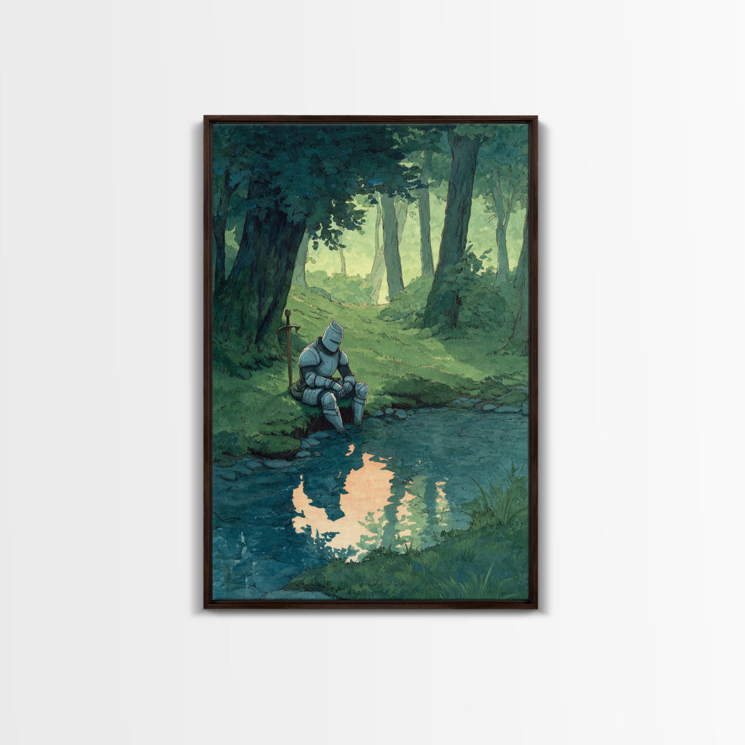 Solitary Knight In Medieval Armor Sitting Beside Forest Stream Original Wall Art With Contemporary And Fantasy Decor