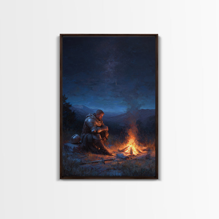 Knight Praying By Campfire In Armor At Night Meditative Fantasy Wall Art Framed Canvas Print For Home Decor