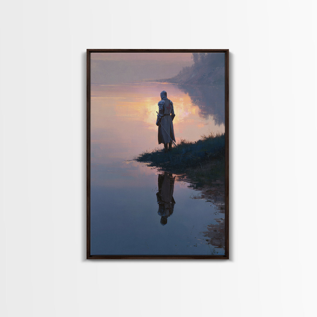 Knight In Sunlight Praying Under Mighty Oak Tree Painting Medieval Religious Wall Decor Framed Canvas Print For Home Office Or Spiritual Wall Art