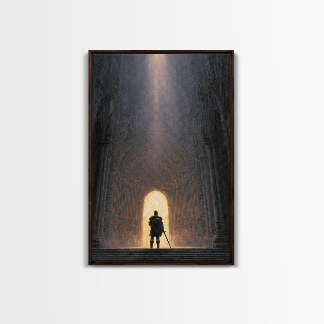 Medieval Knight Standing In Cathedral Doorway With Light Beam Canvas Print Modern Wall Art For Office Decor