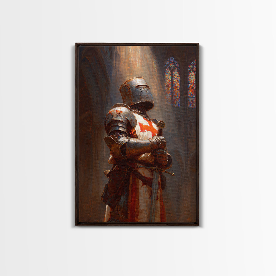 Crusader Knight In Cathedral Sunlight Oil Painting Wall Art Framed Canvas Print Medieval Historical Artwork For Man Cave