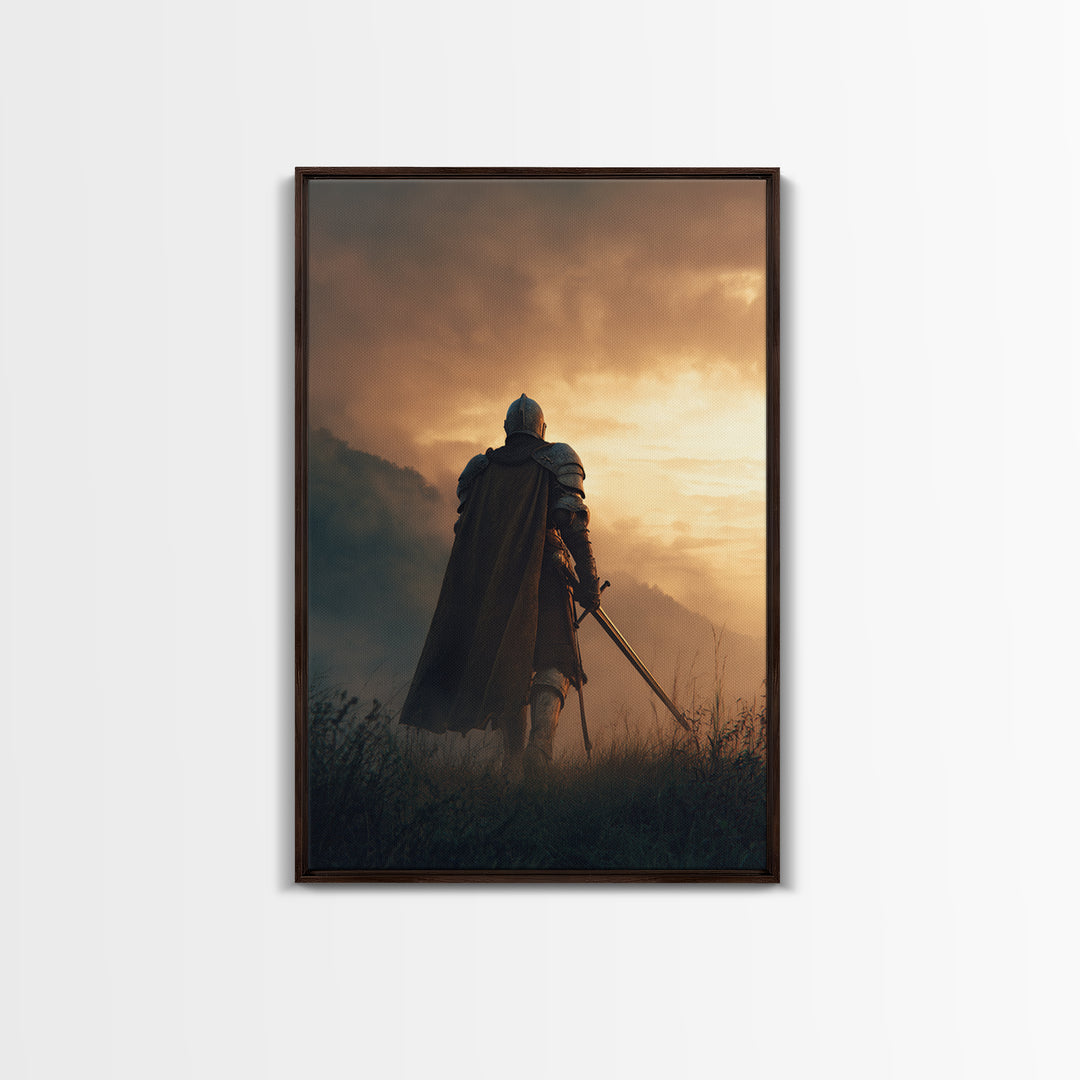 Knight In Shining Armor Facing Dramatic Sky Digital Painting Canvas Print Wall Art For Medieval Decor And Fantasy Ambiance