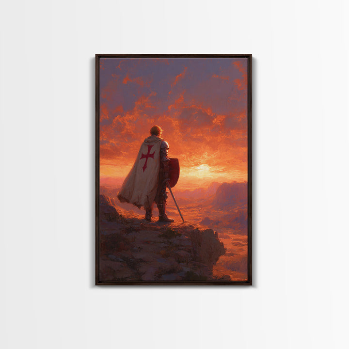 Crusader Knight Standing At Sunset Dramatic Historical Painting Canvas Print Wall Art Medieval Art For Home And Office Decor