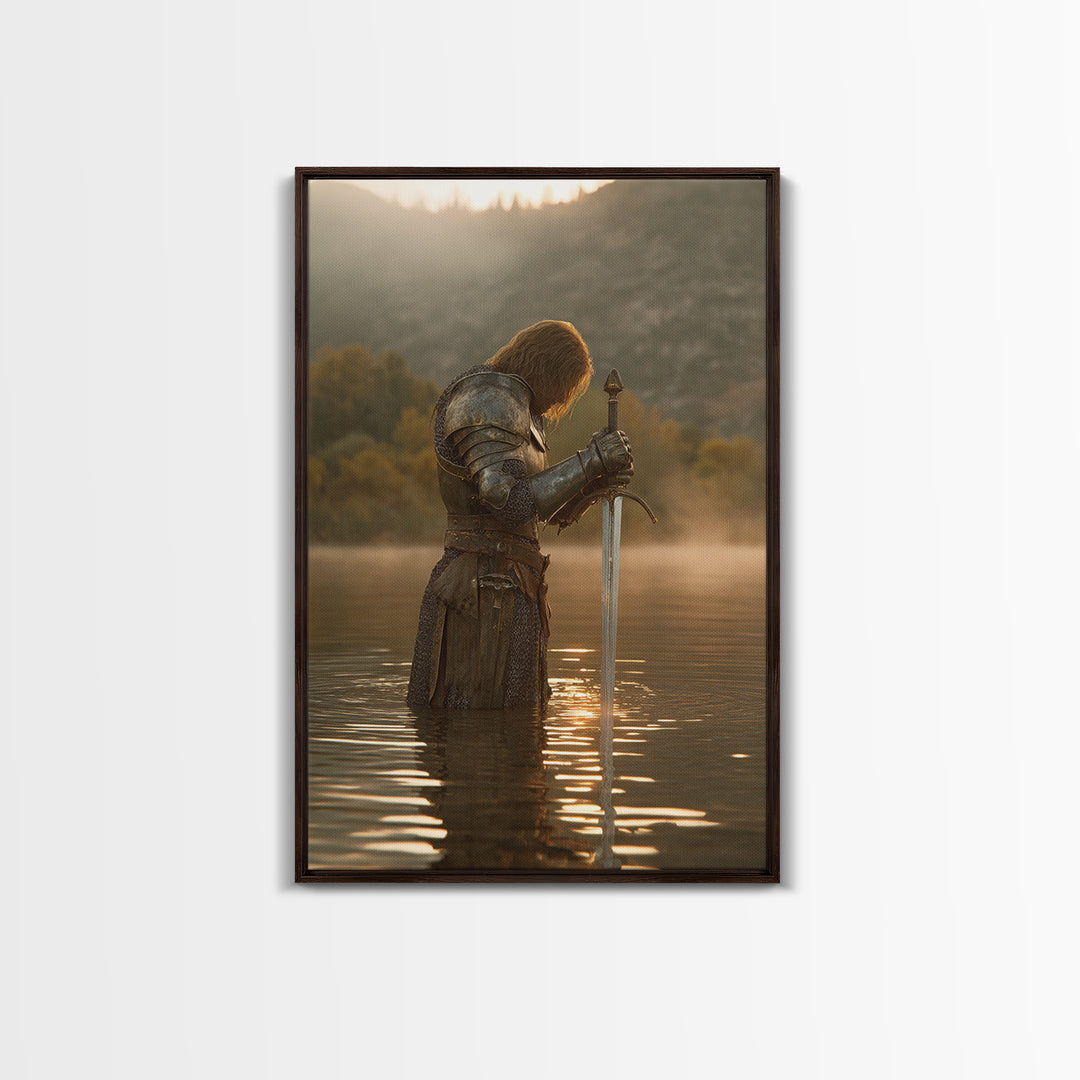 Medieval Knight Standing In Water Holding Sword Dramatic Warrior Wall Art Canvas Print For Man Cave Decor