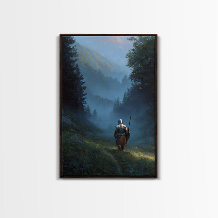 Knight In Armor Standing In Misty Valley Painting Medieval Fantasy Artwork For Office Wall Decor Or Living Room Statement Wall Art Framed Canvas Print
