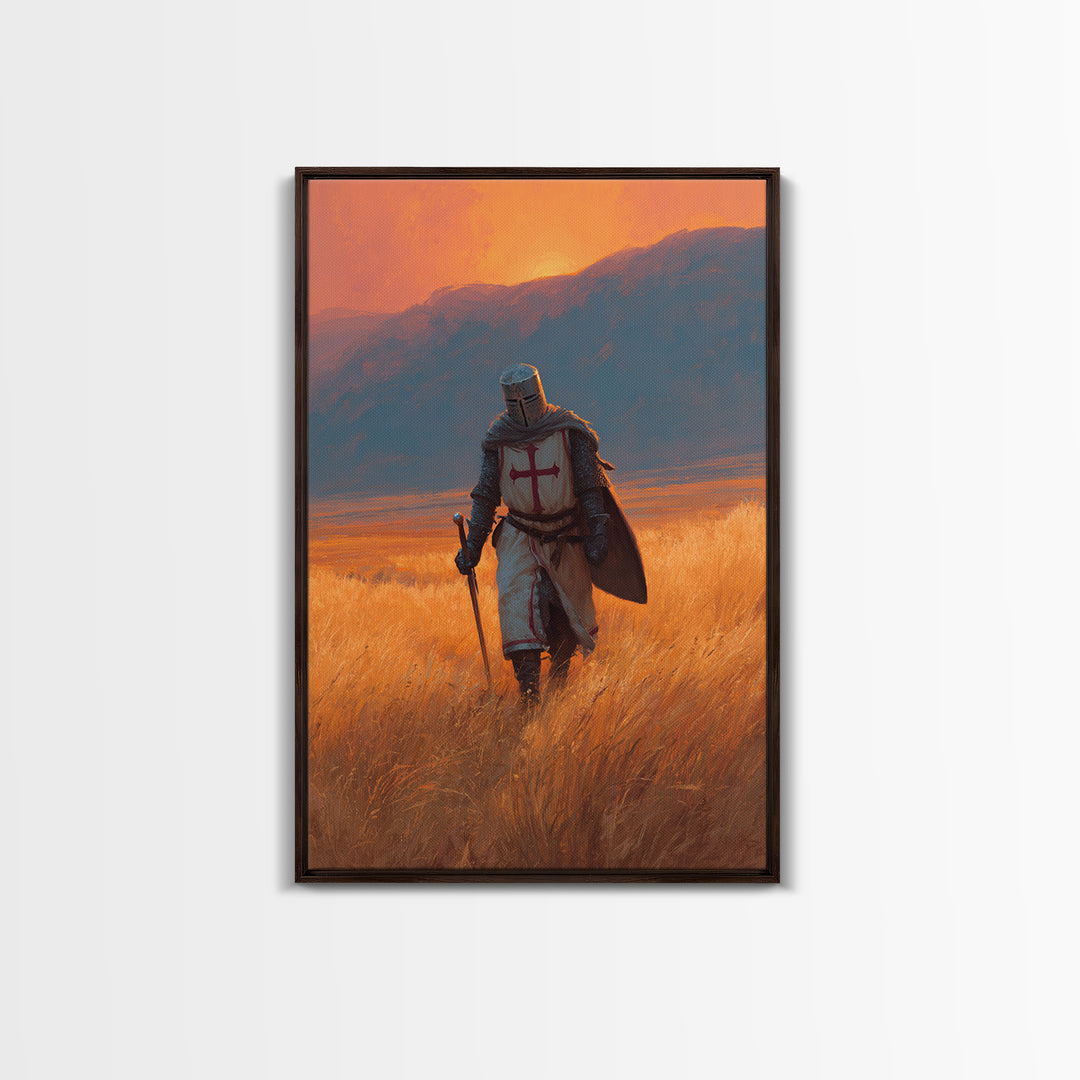 Medieval Knight In Armor With Sword Walking Through Golden Field At Sunset Wall Art Framed Canvas Print