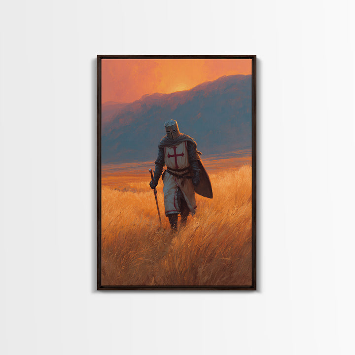 Medieval Knight In Armor With Sword Walking Through Golden Field At Sunset Wall Art Framed Canvas Print
