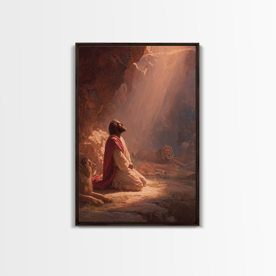 Praying Man With Lions In Dramatic Light Spiritual Christian Art Framed Canvas Print For Home Decor
