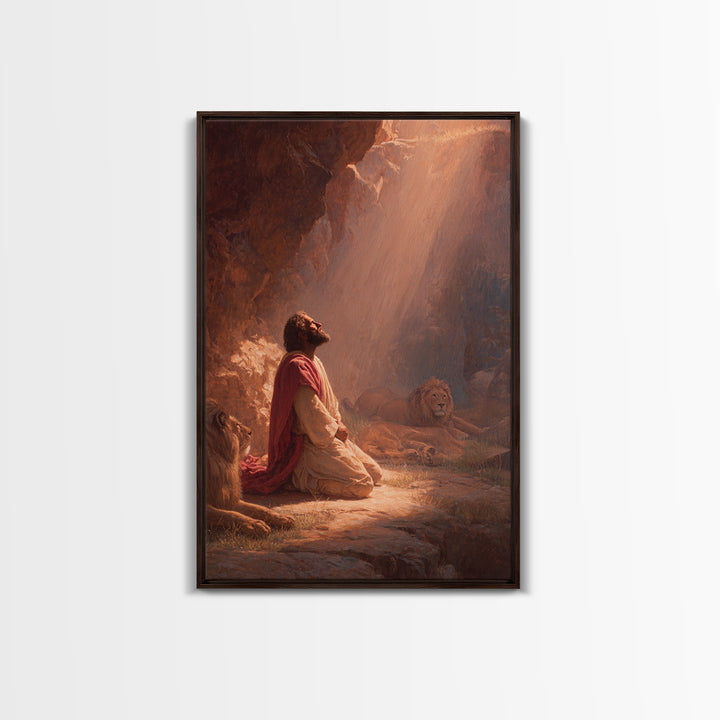 Praying Man With Lions In Dramatic Light Spiritual Christian Art Framed Canvas Print For Home Decor