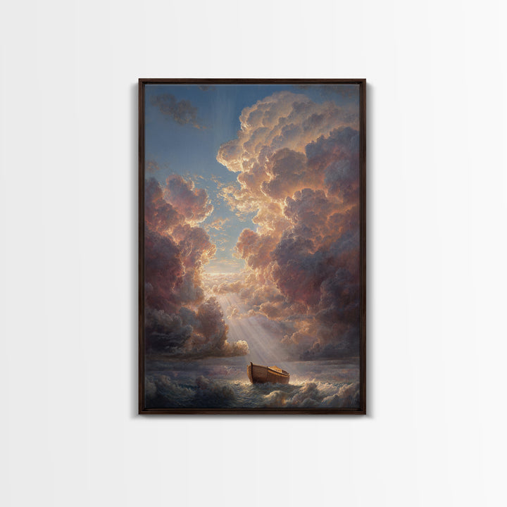 Sunset Clouds And Ark On Stormy Seas Dramatic Landscape Oil Painting Wall Art For Coastal Home Decor Or Nautical Gift