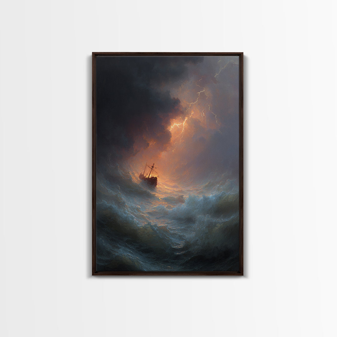 Ship In Stormy Sea With Lightning Strikes Dramatic Ocean Scene Oil Painting Wall Art Canvas Print