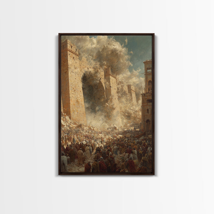 Historic Siege Scene With Crowds And Stone Walls Dramatic Wall Art Framed Canvas Print For Living Room Decoration