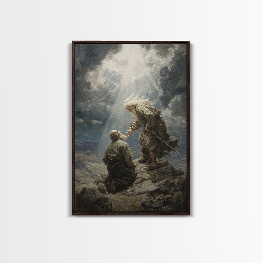 Biblical Scene Of Two Men On Rocky Landscape With Light Ray Spiritual Wall Art Framed Canvas Print For Christian Home Decor
