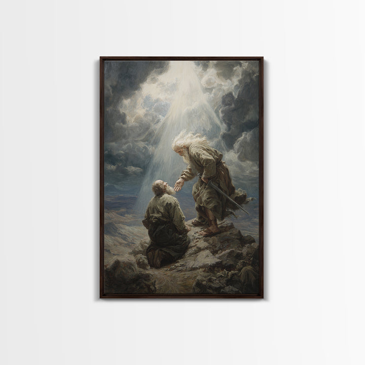 Biblical Scene Of Two Men On Rocky Landscape With Light Ray Spiritual Wall Art Framed Canvas Print For Christian Home Decor