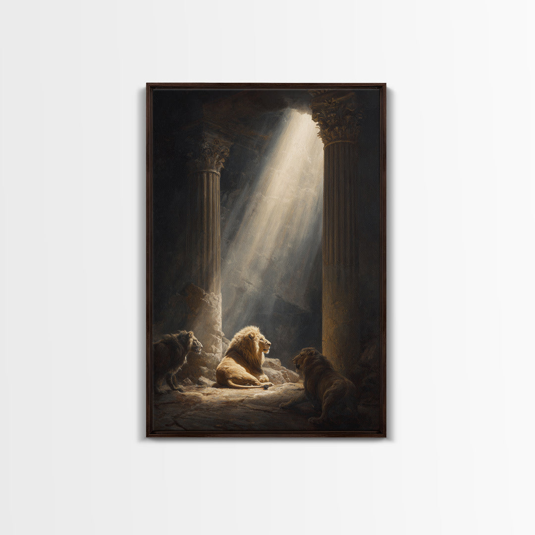 Majestic Lions In Sunlit Ancient Ruins Dramatic Wall Art Canvas Print For Wildlife And Animal Lovers Home Decor