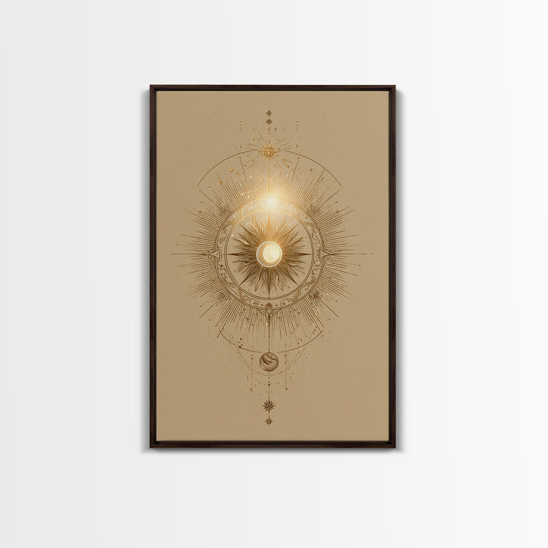 Golden Celestial Sun Mandala Wall Art, Mystical Moon Phase Art Print, Spiritual Home Decor, Boho Meditation Room Decor, Gift For Her