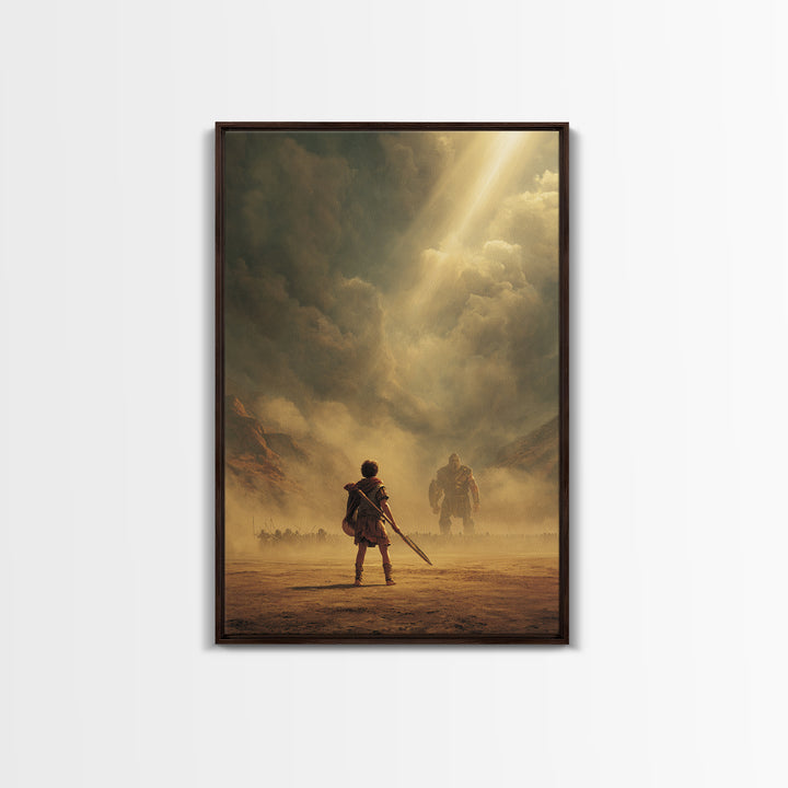 Epic Ancient Warrior Facing Giant In Dramatic Dusty Battlefield Sunlight Wall Art Framed Canvas Print For Living Room Decor