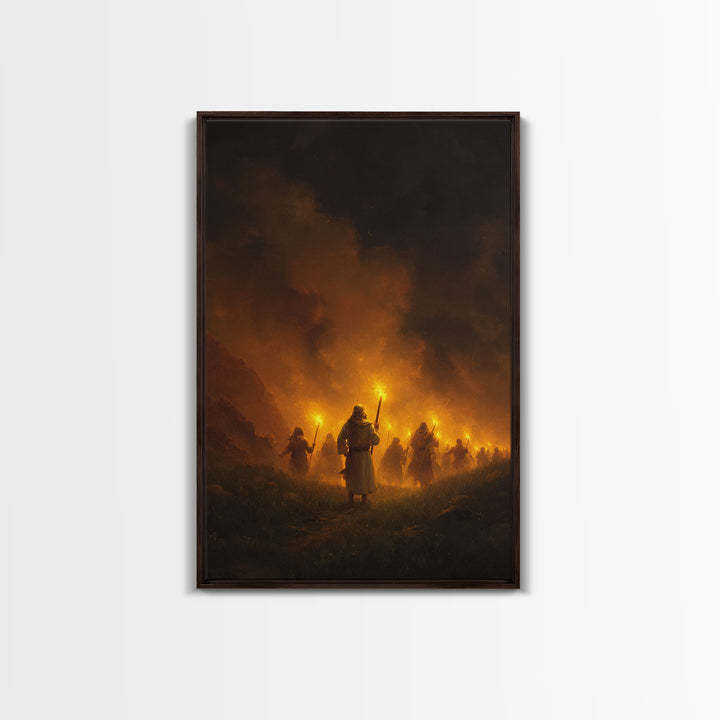 Medieval Procession With Illuminated Torches Dramatic Scene Wall Art Framed Canvas Print For Home And Office