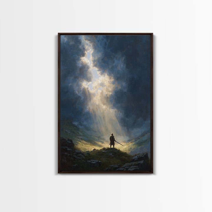 Dramatic Epic Knight Standing Among Mountains With Sword Overlooking Landscape Inspirational Wall Art Canvas Print