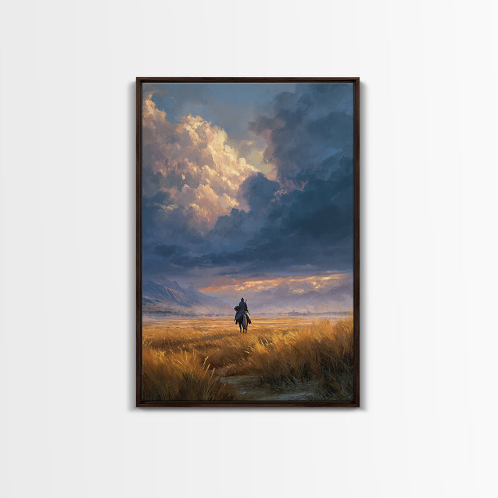 Lonely Rider In Vast Field With Dramatic Sky Landscape Painting Wall Art Framed Canvas Print