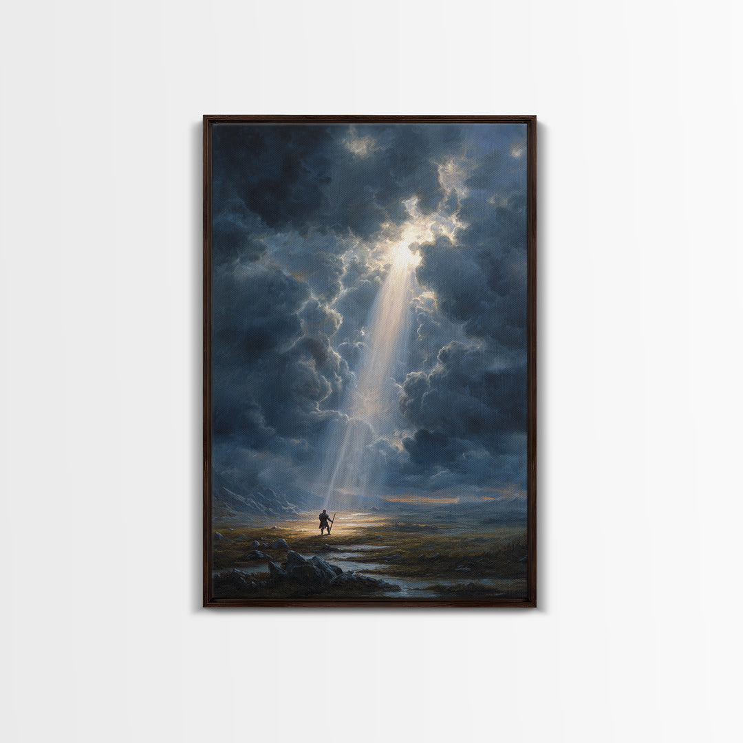 Heroic Fantasy Painting Knight Standing In Beam Of Light Under Dramatic Sky - Canvas Print For Epic Wall Art And Mythical Home Decor