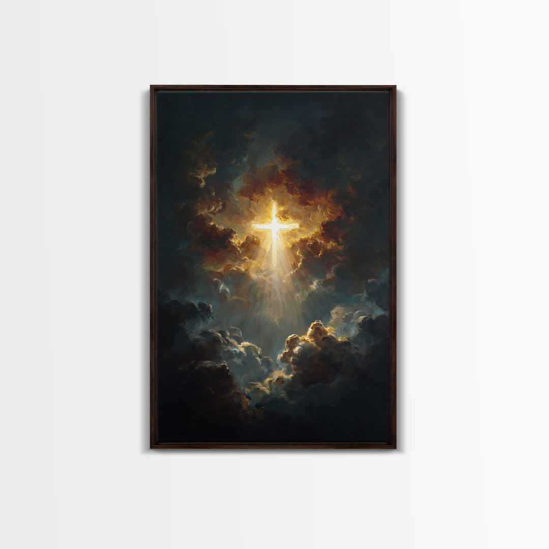 Radiant Golden Cross Amid Dark Clouds Inspirational Christian Wall Art Canvas Print For Home Decor