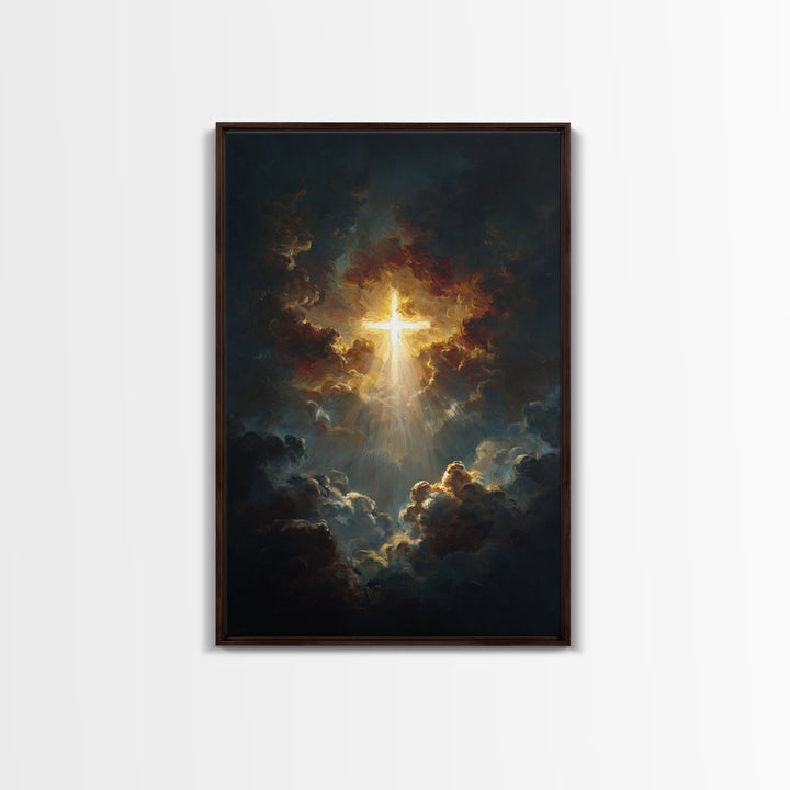 Radiant Golden Cross Amid Dark Clouds Inspirational Christian Wall Art Canvas Print For Home Decor