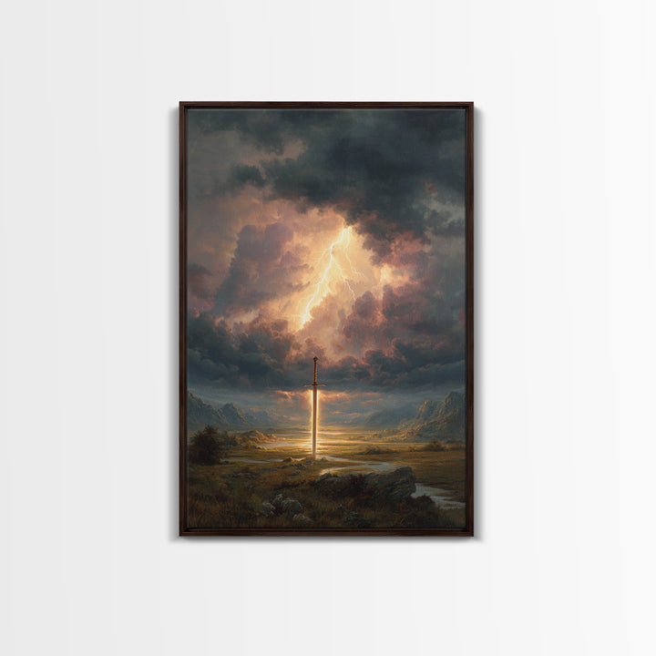 Epic Sword Lightning Storm Fantasy Wall Art Digital Painting Canvas Print For Fantasy Lovers And Gaming Room Decor