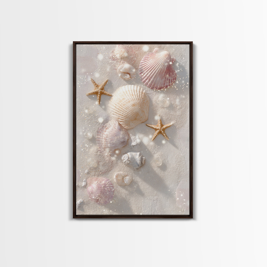 Pastel Seashells And Starfish Canvas Print, Coastal Wall Art, Beach House Decor, Ocean Bathroom Art, Gift For Her, Nautical Decor