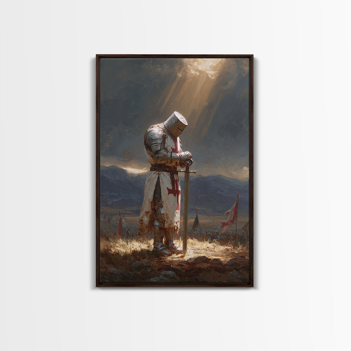 Medieval Knight In Shining Armor Oil Painting Wall Art With Moody Light Beams Epic Historical Art For Rustic Home Decor