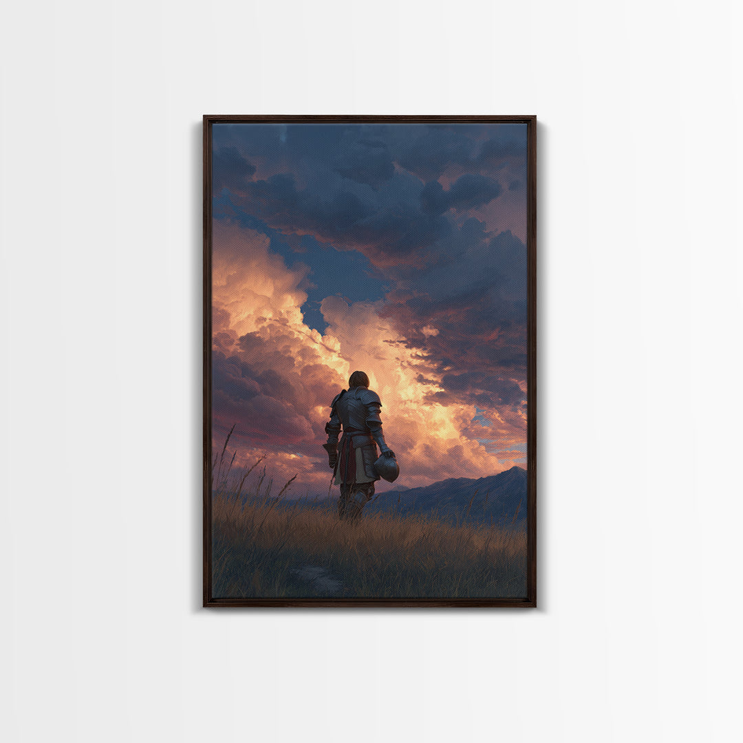 Knight Standing Under Dramatic Cloudy Sunset Sky Canvas Print Medieval Wall Art For Living Room And Office Decor