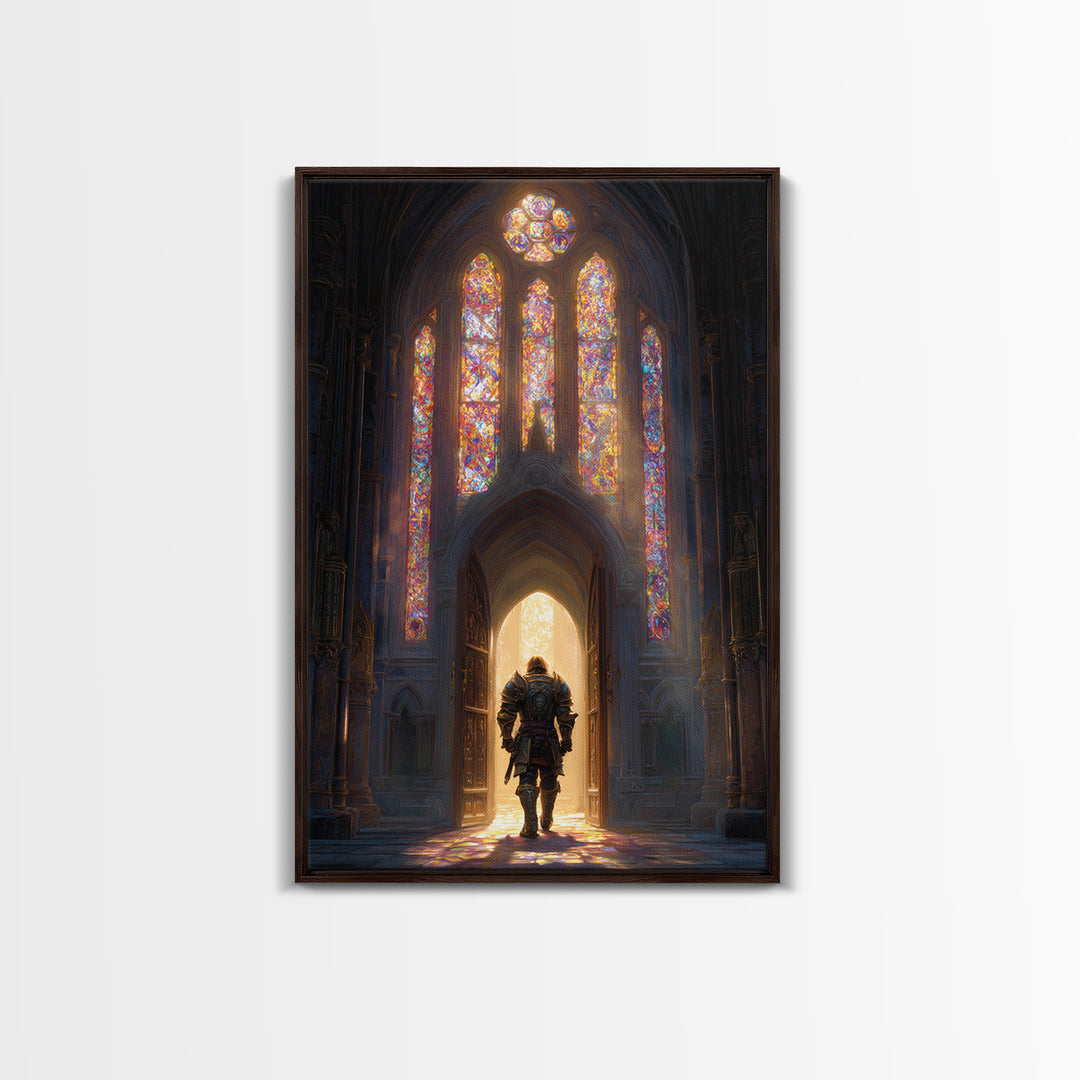 Fantasy Knight In Gleaming Armor Entering Stained Glass Lit Castle Hall - Epic Wall Art Framed Canvas Print For Fantasy Fans