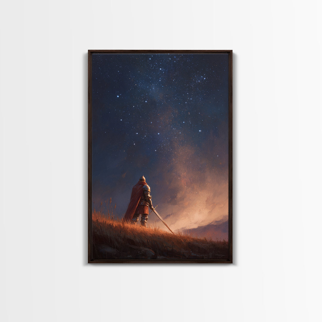 Knight Standing Under Starry Night Sky With Sword Illustration Fantasy Wall Art Framed Canvas Print For Home Decor