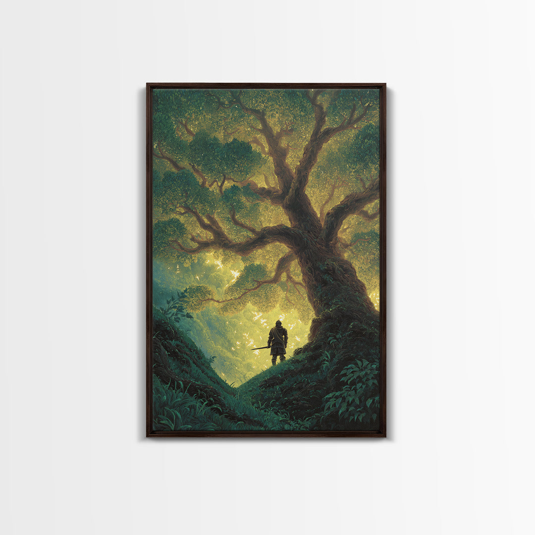 Fantasy Artwork Knight Standing Under Enchanted Glowing Tree In Mystical Forest - Canvas Print For Magical Wall Art And Fairytale Home Decor