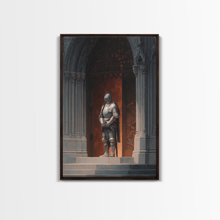 Medieval Knight Armor Standing At Gothic Cathedral Doorway Wall Art Framed Canvas Print For Home Decor Enthusiasts