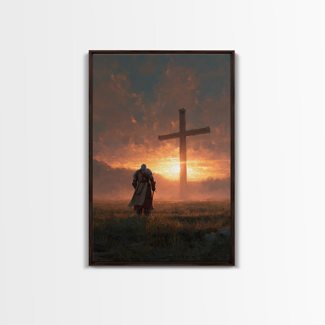 Knight Kneeling Before Large Cross At Sunset Spiritual Wall Art Framed Canvas Print Religious Artwork For Home Decor