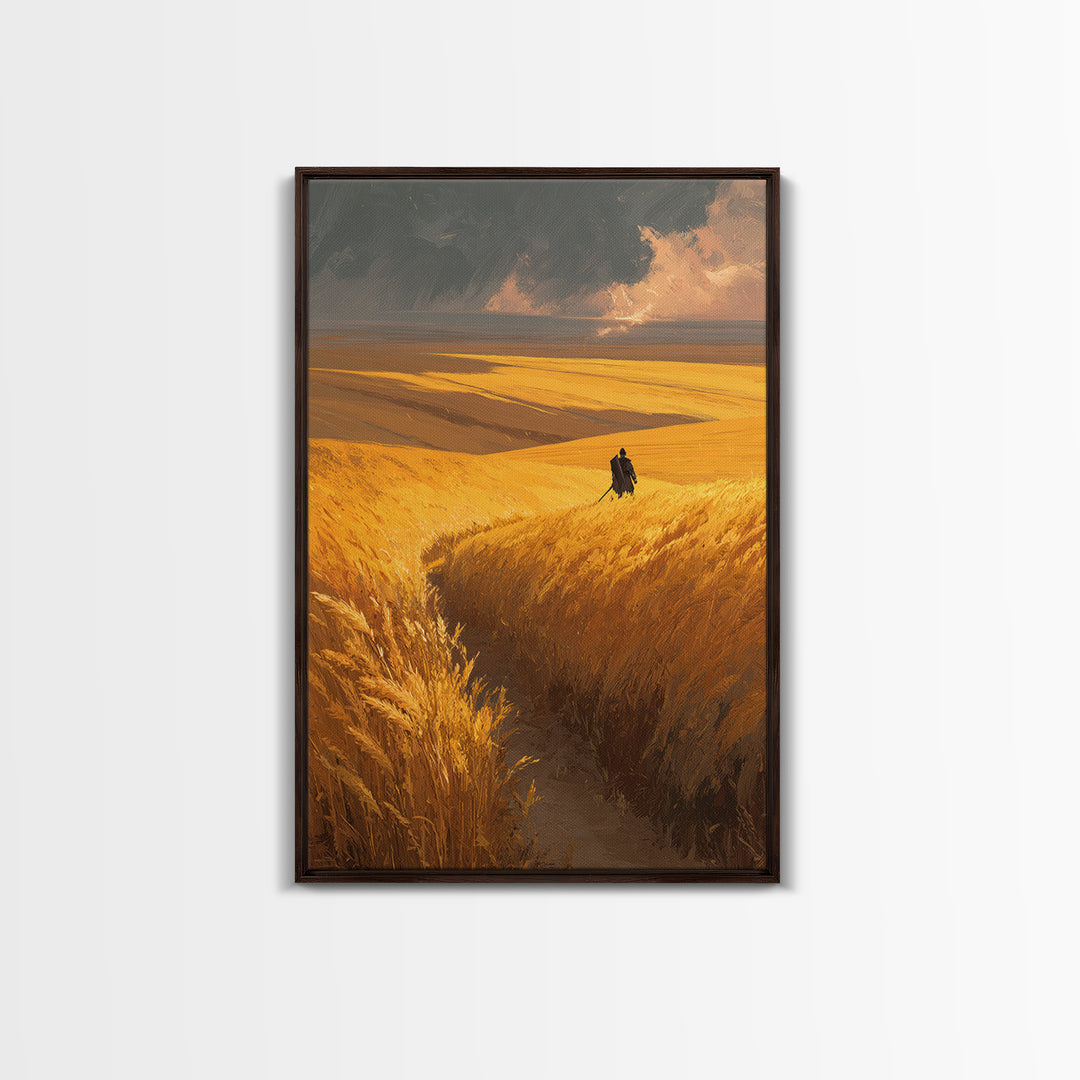 Expansive Golden Wheat Field With Lone Figure Walking Abstract Landscape Wall Art Modern Canvas Print For Rustic Home Or Office Decor