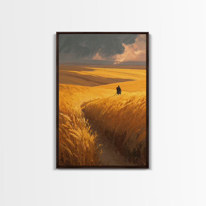 Expansive Golden Wheat Field With Lone Figure Walking Abstract Landscape Wall Art Modern Canvas Print For Rustic Home Or Office Decor