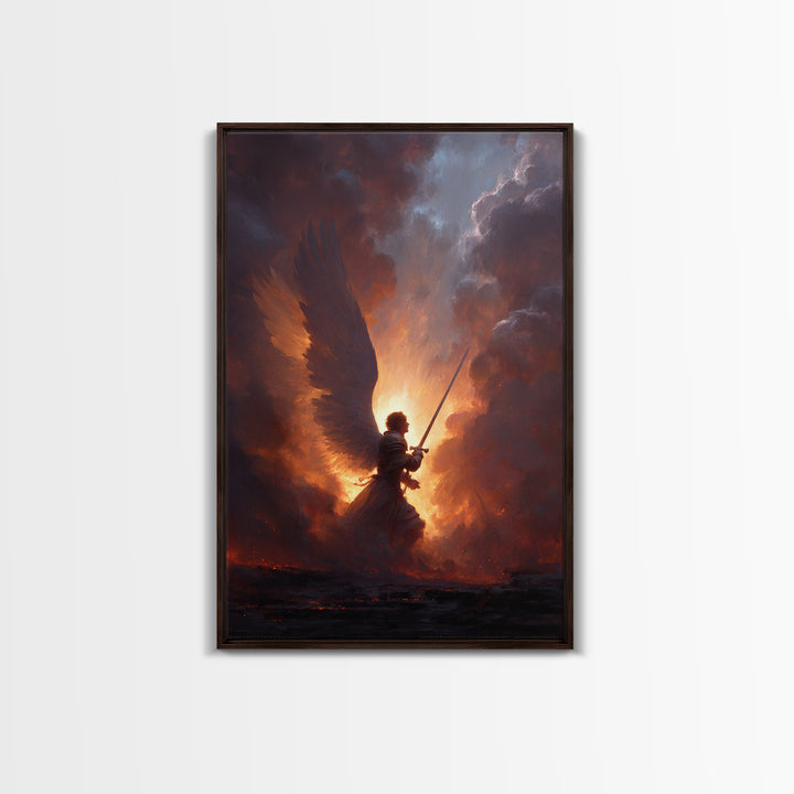 Epic Angel Warrior With Sword Radiant Light And Fiery Background Fantasy Art Framed Canvas Print For Home