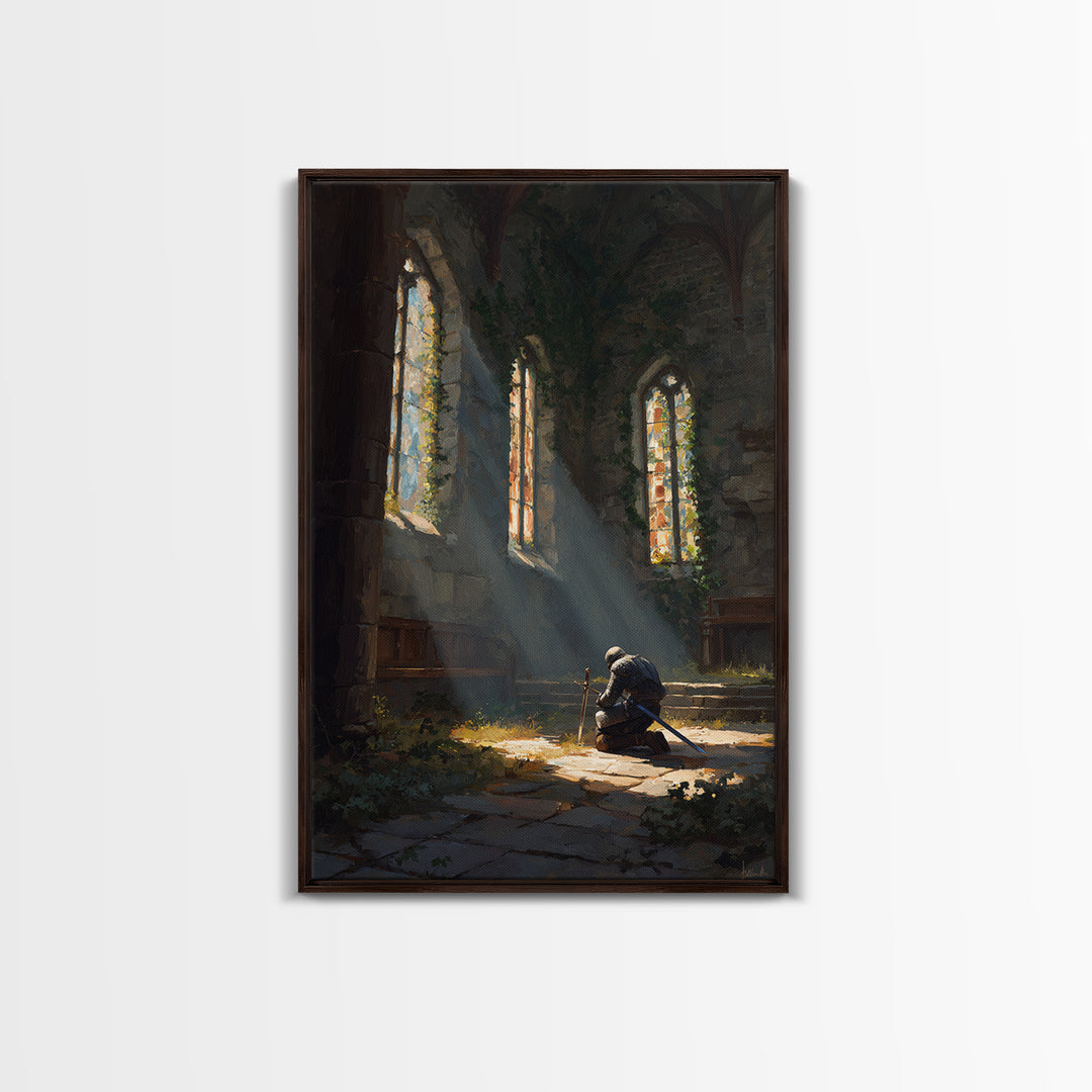 Medieval Knight Kneeling In Chapel With Sunlight Rays Warm Oil Painting Wall Art For Living Room Decor And Gift