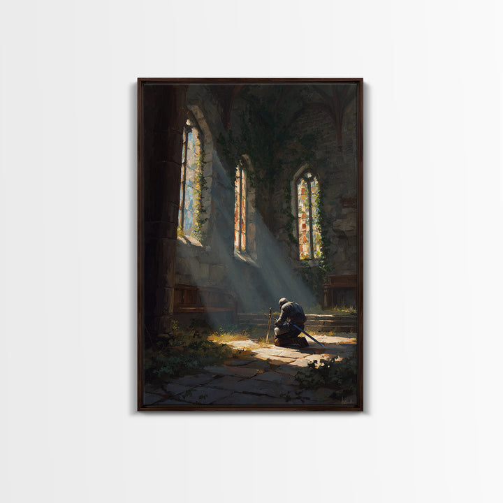 Medieval Knight Kneeling In Chapel With Sunlight Rays Warm Oil Painting Wall Art For Living Room Decor And Gift