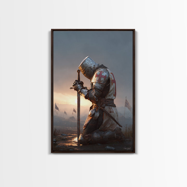 Medieval Knight In Armor Kneeling With Sword At Sunset Dramatic Fine Art Print For Historical And Fantasy Wall Art