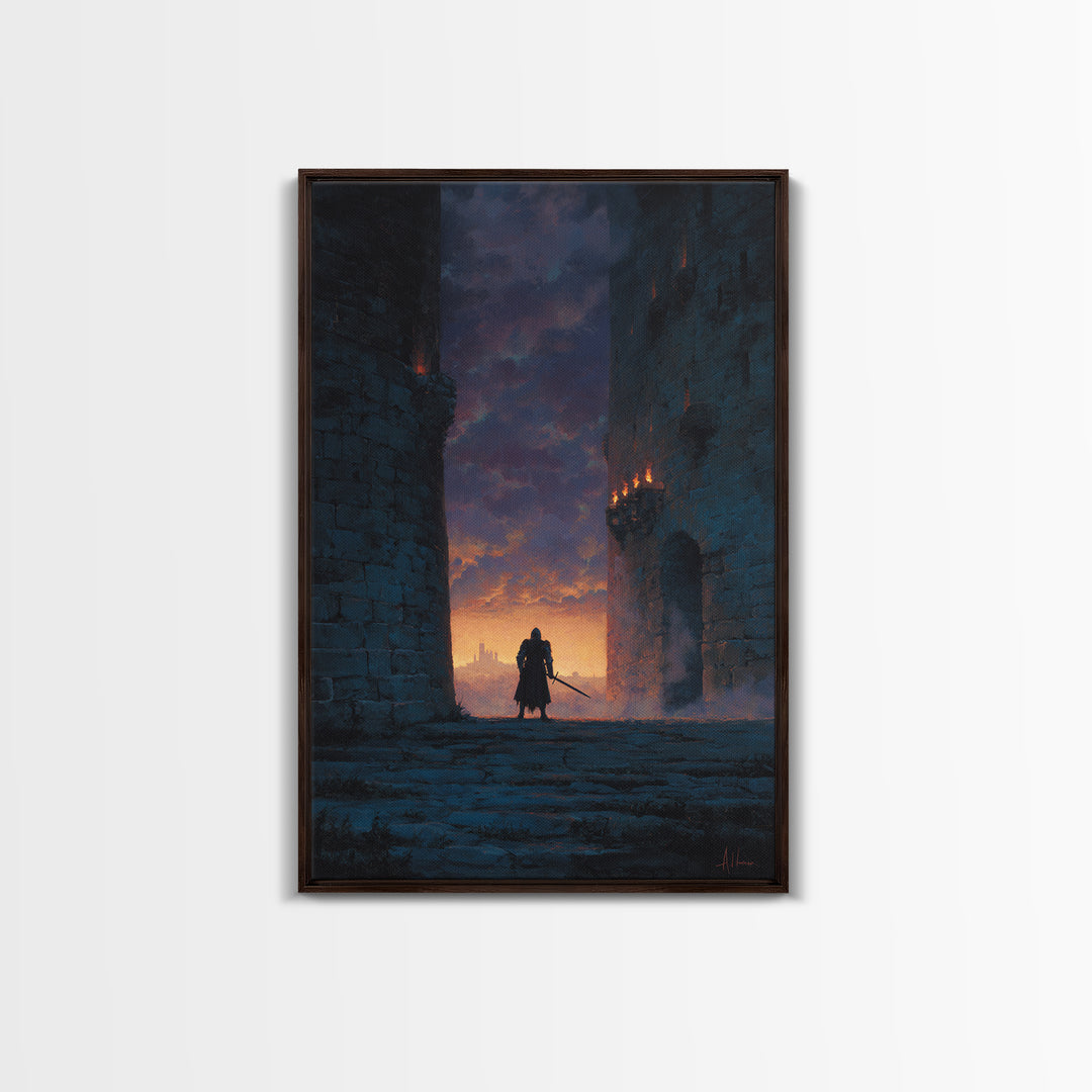 Knight Standing Between Ancient Castle Towers At Sunset With Sword Wall Art Framed Canvas Print For Home Decor