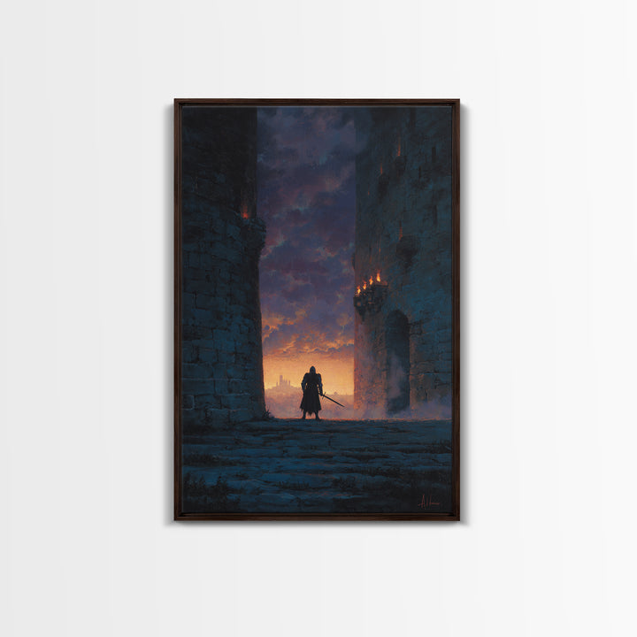 Knight Standing Between Ancient Castle Towers At Sunset With Sword Wall Art Framed Canvas Print For Home Decor